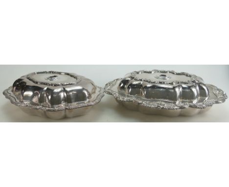 Two silver plated Entree dishes: Highly decorative fine quality silver plated entree dishes with twist off handles.  Measurin