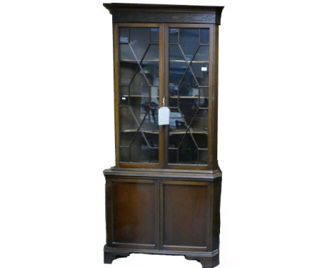 Mahogany large size double Corner Cupboard: Nice quality with blind fret panel above astragal glazed doors &amp; 2 cupboard d