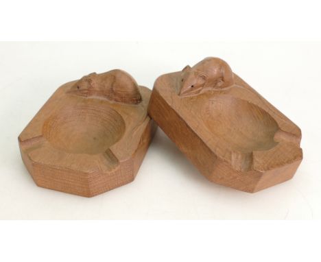 A pair of Robert Mouseman Thompson oak ashtrays: Robert 'Mouseman' Thompson carved mouse signature. English, circa 1970. 2cm 