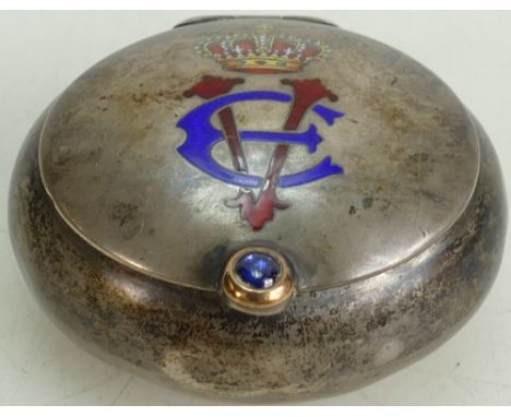 Continental silver & Enamel snuff box: Stamped 800 with enamel crown & monogram, 5cm wide.      