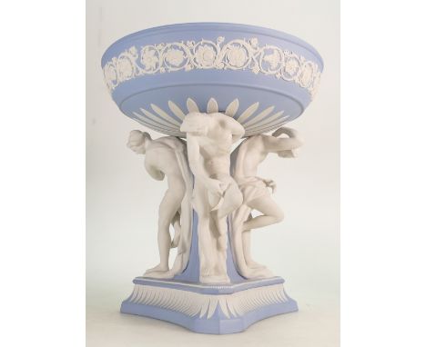 Wedgwood light blue Jasperware figural centrepiece: Three male figures supporting the bowl, height 24.5 x d 22cm.