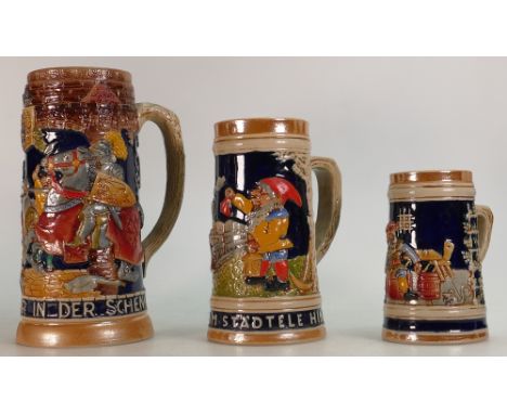 Three graduated ceramic Tankards/Steins: Tallest 20.5cm. 
