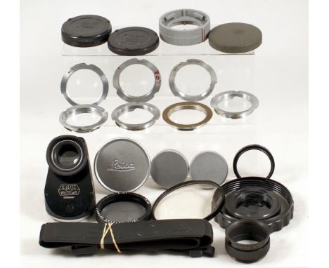 Collection of Leica Accessories. To include Leitz & other M to L39 mount adapters, caps, Leica R Series strap, Leitz Circular