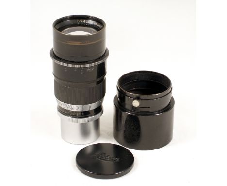 Black Leitz L39 Mount Telyt 20cm  f13.9 Lens. #272385. Slight internal haze, otherwise condition 5F. With correct hood and fr