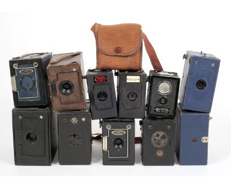 Eleven Ensign & Other Box Cameras. Comprising uncommon Caddy, 2x blue Ensign E29, Box Ensign 2 1/2 , Rare Mascot, Ensign Ful-