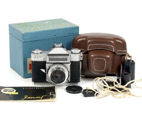 Rare ZENIT-5 SLR Set. Early export version (c1965) with no strap lugs. With VEGA-3 f2.8 50mm lens. With viewfinder hood, lens