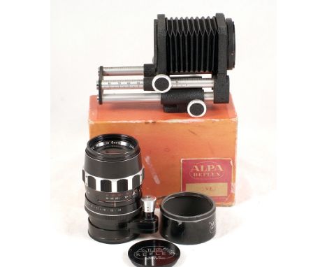 Alpa Telephoto Lens & Bellows Unit. Schnieder Alpa-Tele-Xenar 135mm f3.5, some internal fungus (condition 6F) with caps & hoo