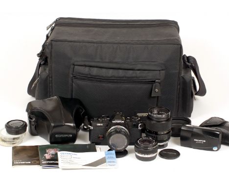 Olympus OM4 Outfit & Mju II Compact Camera. Comprising black OM4 body #1075432 (untested) with Zuiko 50mm f1.8 lens, Zuiko 28