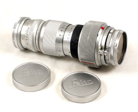 Leica Collapsible Elmar M 50mm f2.8 Lens. #1723102 (condition 5F). With UV filter and cap. Also an Elmar 9cm f4 (slight wear 