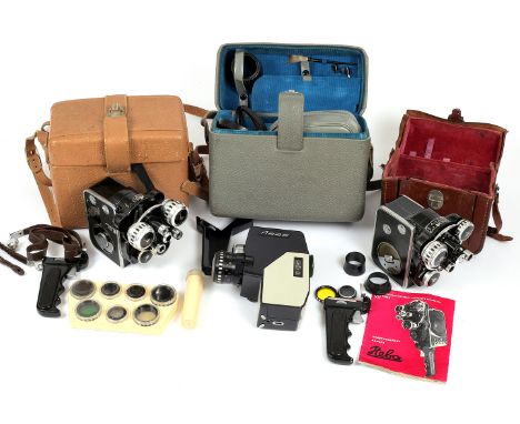 Three 1960s Soviet 8mm Cine Cameras. NEVA Double 8 with SH-1 f1.9 13mm lens & other lenses, case, lens caps, lens hood, grip 