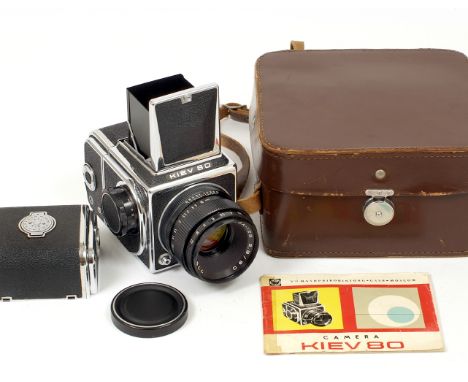 1977 KIEV-80 Outfit. With VEGA-12V f2.8 90mm lens, case, neck strap, 2 film magazines & manual. Serial numbers/Princelle Book