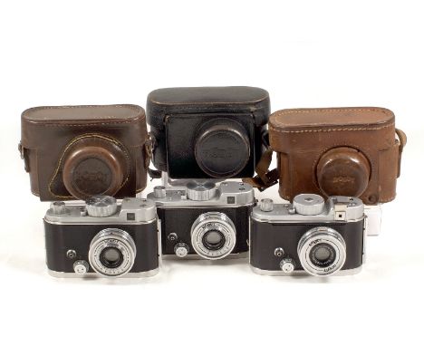 Three Robot II Clockwork Cameras. #B30398 with Tessar 3 3/4cm f2.8 lens (condition 5F) with ERC; #B43150 with Tessar 3 3/4cm 