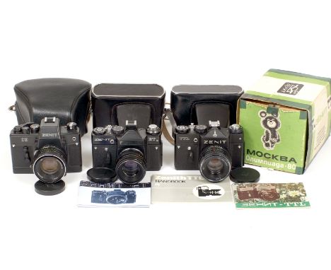 Three ZENIT Cameras, including Moscow Olympics Commemorative Model. ZENIT-TTL (Olympic) with HELIOS-44M f2 58mm lens, cap, ca