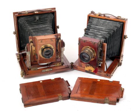 Two Butcher Wood & Brass Field Cameras. Butcher National 1/4 plate camera with Aldis f7.7 anastigmatic lens and Swift roller 