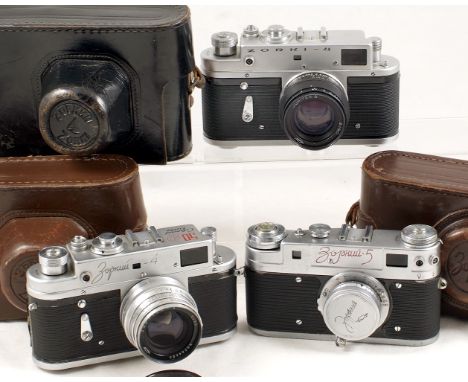 Three Zorki Cameras, inc Rare Zorki 4 Anniversary Model. ZORKI-4 JUPITER-8 f2 50mm lens, cap & case. 50 years of Soviet Power