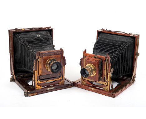 Two Butcher 1/2 Plate "National" Wood & Brass Field Cameras. Both double extension. One with wide angle lens with rotating Wa