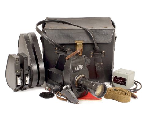 KINOR 16mm Cine Camera Outfit. c1980. KINOR camera fitted with 16OPF1-2 f2.4 12-120mm zoom lens, 5 film magazines, 5 filters 