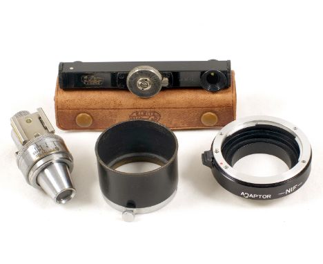 Leica Accessory End-Lot. Leftover Leica bits comprising Fodis rangefinder in case, aftermarket lens hood, VIDOH universal fin