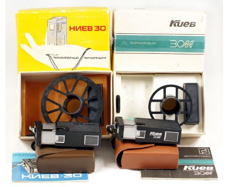 Two Kiev 30 Sub-Miniature Camera Outfits. Comprising KIEV-30 c1975 with INDUSTAR-M f3.5 23mm lens. With case, 2 film cassette