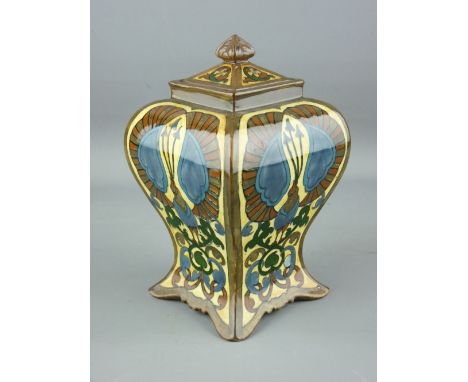 A FOLEY INTARSIO TEA CADDY & COVER of waisted form with Egyptian style decoration (lid damaged and restored), factory backsta