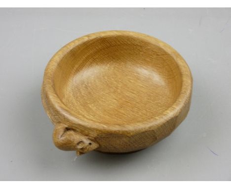 A ROBERT 'MOUSEMAN' THOMPSON OF KILBURN OAK CIRCULAR BOWL with Adzed exterior and carved signature mouse, 11.5 cms diameter