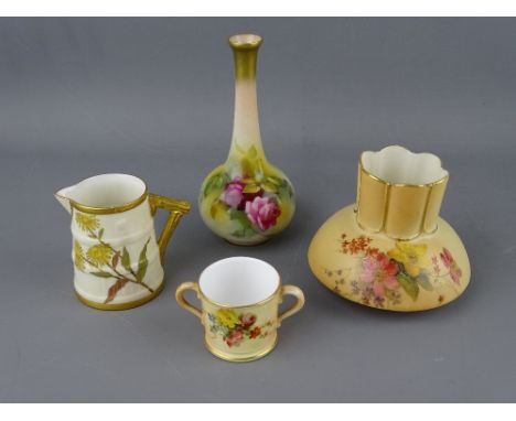 FOUR ROYAL WORCESTER CABINET ITEMS including a rose painted slender neck stem vase, 13 cms high