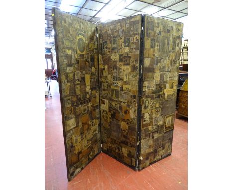 A SCRAP DECORATED THREE FOLD VICTORIAN DRESSING SCREEN having 'V R' crowns and 'Hammond, Oxford Street' maker's stamps, 179 x
