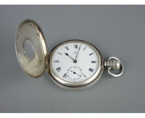 AN OMEGA SILVER CASED HALF HUNTER POCKET WATCH, the movement stamped 'Omega 5879237', Dennison watch case 538236, white ename