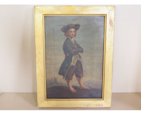 An oil on canvas portrait of an 18th century boy wearing a tricorn but in shabby attire, unsigned, approx 27cm x 20cm overall