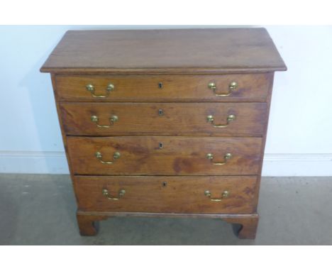 A Georgian ash/elm chest with four long graduating drawers on shaped bracket feet, 88cm tall x 87cm x 41cm - with good colour
