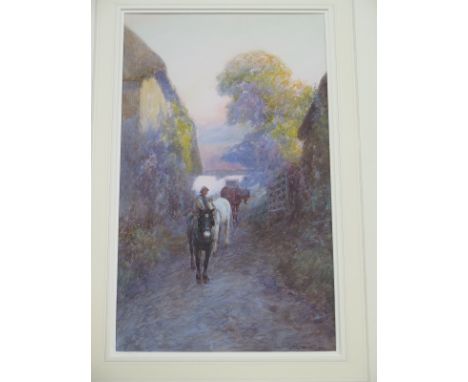 John White, 1851-1933 water colour of horses passing through a gate, signed, approx frame size 66cm x 47.5cm, in good conditi