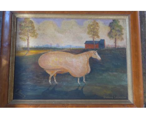 An 18th-19th century style oil on board portrait of a Dishley Leicester breed of sheep, signed V Berry - approx frame size 39