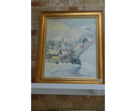 An oil on canvas of the French alps signed R de Premare with Elisabeth Amyot label in a gilt frame, 77cm x 65cm 