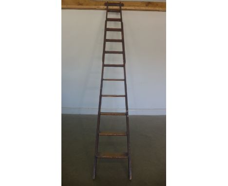 A early 19th century  pine library ladder with 11 rungs, approx 268cm long, from a Cambridge College, in sound condition with