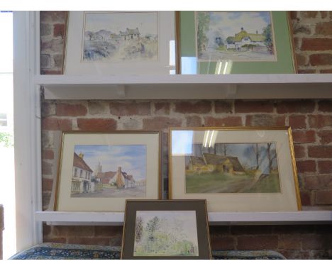 Five water colours of British village scenes, three by K H Woodruff, largest by John Avey of a Cotswold barn, frame size 45.5
