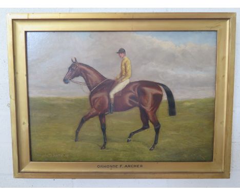 Albert Clark, oil on panel, Racehorse and Jockey - Ormonde R Archer up, in a gilt frame, 37cm x 50cm - overall good condition