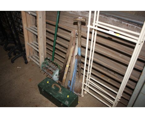 A quantity of long handled gardening tools; and a tool box and contents 