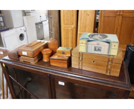 A collection of wooden items to include trinket boxes