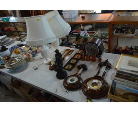 Two late Victorian barometers, and one other; a pair of table lamps; Regency Fine Arts Group entitled "Romance"; four silhoue