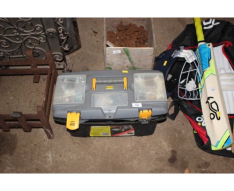 A plastic toolbox and contents of hand tools