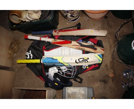 A box of cricket equipment to include helmet, pads and bats