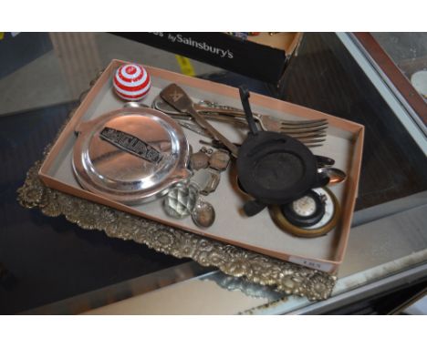 A box containing a pocket watch, Timex timepiece, various cutlery etc.