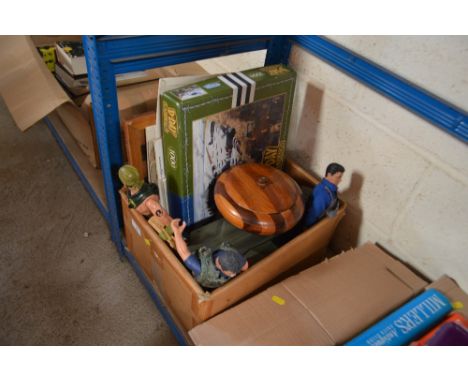 A box containing Action Men figures, puzzle, records, chess board etc. 
