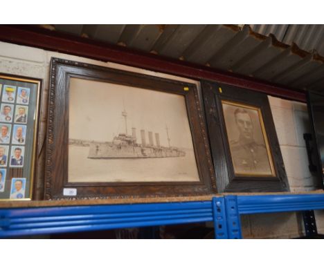 A World War related black and white photographic print of a ship; and another of a portrait of a soldier