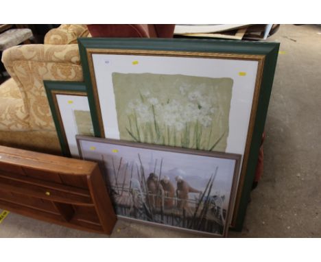 A framed study of three figures; and two still life prints of flowers 