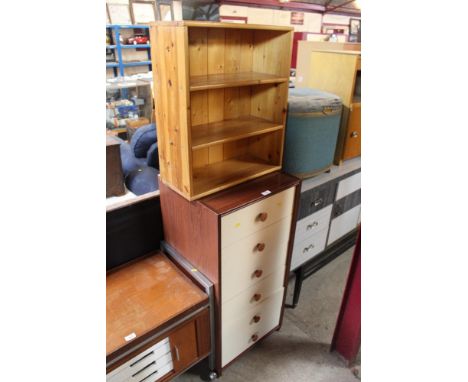 A loom linen box, a six drawer chest and a small pine shelf