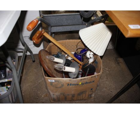 A box containing various light fittings; wall mounting towel rail etc.
