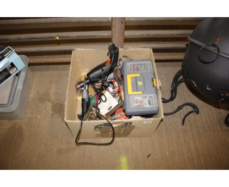 A box of various hand tools to include Black &amp; Decker electric drill