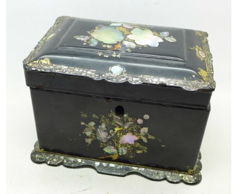 A Victorian Jennens &amp; Bettridge ebonised papier mache tea caddy, inset with abalone and mother of pearl, lacking interior