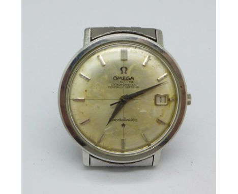 A gentleman's Omega Constellation chronometer wristwatch with date and cross hairs dial, dial a/f, on an Omega bracelet strap